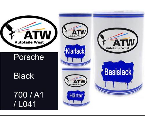 Porsche, Black, 700 / A1 / L041: 500ml Lackdose + 500ml Klarlack + 250ml Härter - Set, von ATW Autoteile West.